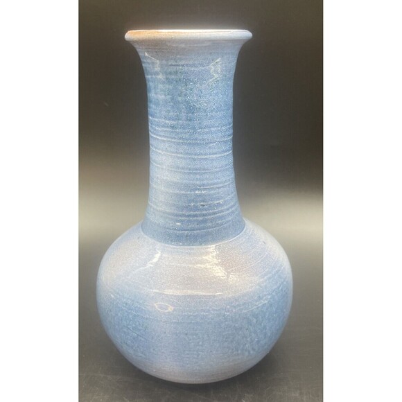 VTG Ceramic Glazed BLUE Ring Pattern Vase 9.5” Signed RARE - Picture 4 of 7
